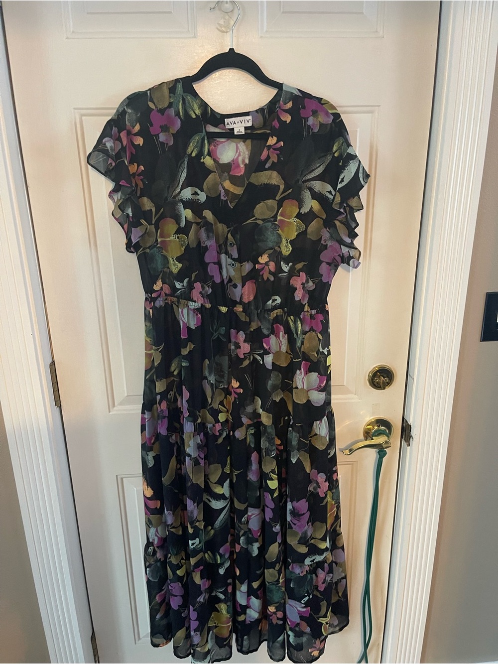 Ava & Viv Black Floral Midi Dress with Purple and Green Blooms with Black Slip